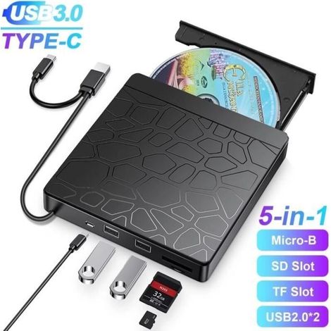 Cellfast – Lecteur DVD externe USB 3.0 – Graveur CD/DVD-RW ultra-fin – 5 ports (2 USB-A, Micro USB, SD, TF) – Vitesse 8X/24X
