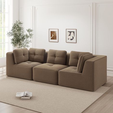 Canapé d'angle modulable sans structure, canapé en velours côtelé confortable, canapé trois places avec assise profonde pour le salon, livré monté, marron
