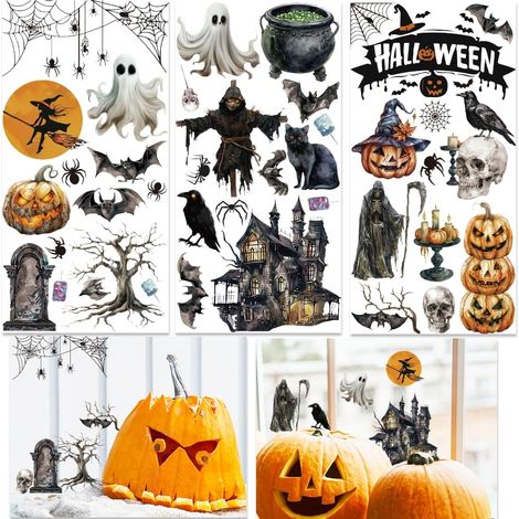 Lot de 3 feuilles d'autocollants d'Halloween à frotter 6 x 12 pouces têtes de citrouille chauves-souris sorcières autocollants meubles diables et châteaux fenêtre décalcomanies à frotter (1/5)
