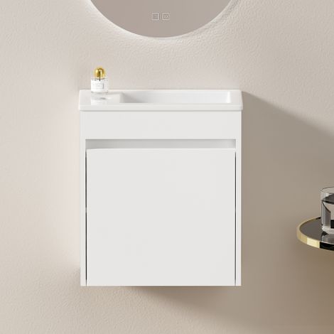Meuble de salle de bain blanc de 46 cm. Offre un espace de rangement généreux et dispose de portes à fermeture douce et silencieuse. (1/5)