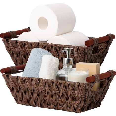 Lot de 2 paniers de rangement marron, petits paniers de rangement, tissés à la main avec poignées, tissés (1/5)