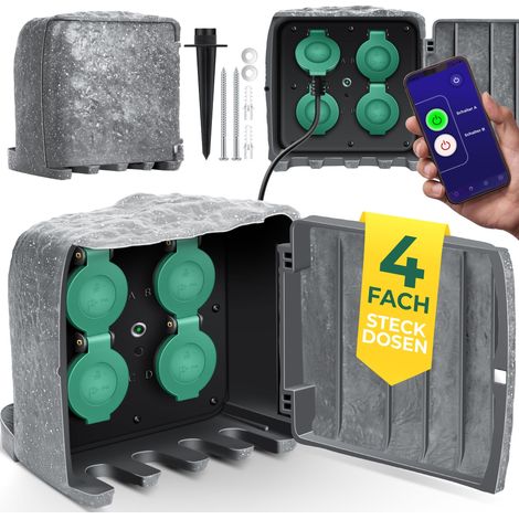 KESSER® Gartensteckdose Steinoptik mit 4 Steckplätzen - mit WiFi Funktion Steuerung per App - Inkl.Erdspieß Mehrfachsteckdosen aussen mit 3m Verlängerung Grau / Box - mit WiFi (1/5)