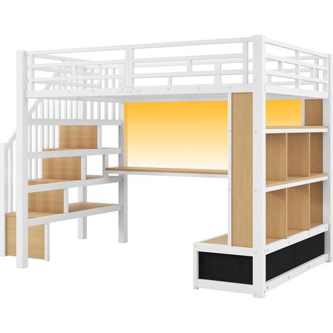 Lit mezzanine 140x200 cm avec bureau étagères 2 tiroirs escalier rangement, solution gain de place chambre ado adulte, structure métal blanc (1/5)