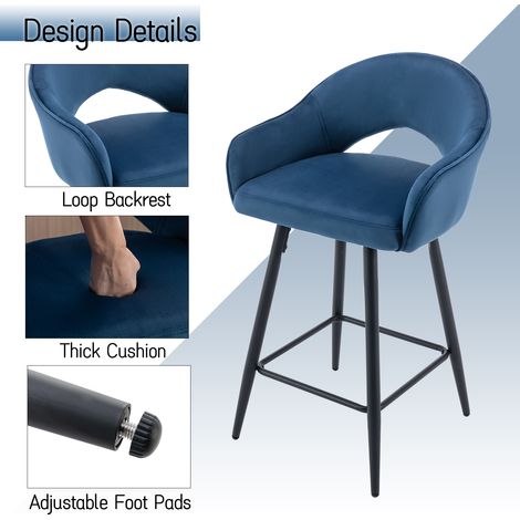 Wahson Tabouret de Bar en Velours, Lot de 2 Tabouret Rotation de 360 Degré Chaise Bar de Pied en Métal avec Repose-Pieds pour Bar, Bleu