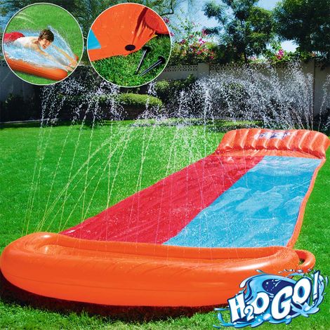 H2OGO™ Toboggan aquatique 549 cm coussin rembourré 2 pistes tuyau d'arrosage toboggan de glisse été jardin enfant (1/5)
