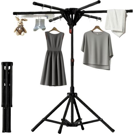 Séchoir à linge pliable sur pied type pieuvre – Rotatif, portable, pour balcon, couleur noire