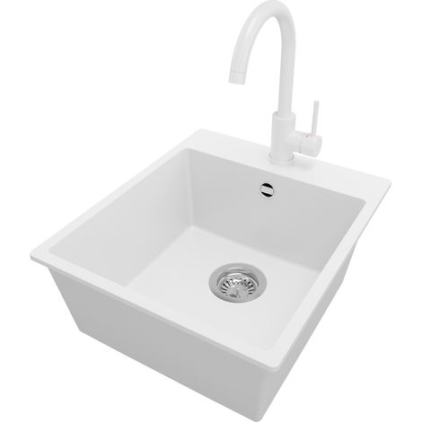 PRIMAGRAN Evier Cuisine en Granit 43x50cm, Lavabo 1 bac + Robinet 32x20cm + Kit de Vidage, Évier à Encastrer au meuble 45cm - Riga, Blanc (1/5)