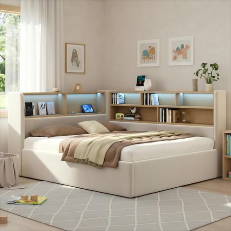 Lit banquette avec coffre 140x190 cm, rangement hydraulique, LED, USB et USB-C, tête de lit avec étagères, sommier à lattes, velours, beige (1/5)
