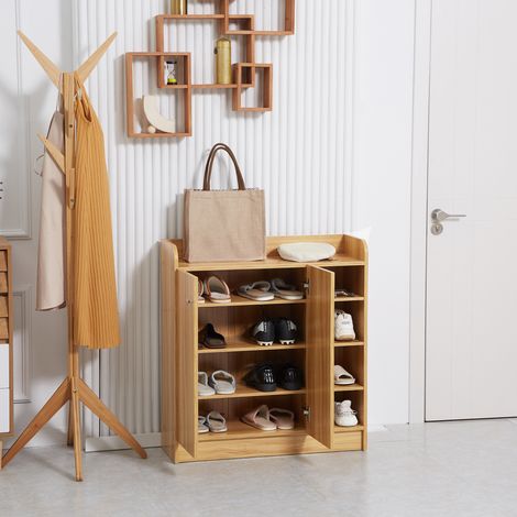Armoire à chaussures en bois clair, 4 niveaux ouverts, capacité 12 paires, 83x30x90 cm, gain de place et design moderne, marron clair (1/5)