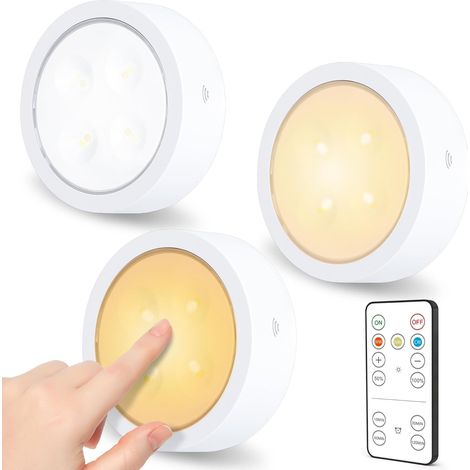 3pcs Lampe LED Tactile et Dimmable, Spot Led Pile Autocollant avec Télécommande, Fonction de Mémoire et Minuterie (1/5)
