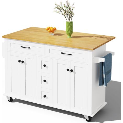 ELVMI Carrello da Cucina con 5 Cassetti, 2 Armadietti e Ruote, MDF, 140 x 40(65) x 89 cm, Bianco Naturale (1/5)