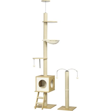 Arbre à chat sol au plafond 40 x 40 x 225-285 cm grattoirs et hamac style contemporain en panneau de particules beige (1/5)