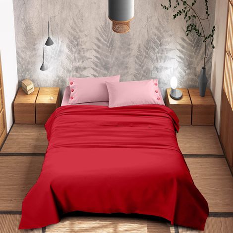 Completo Lenzuola Matrimoniali Bicolore in Cotone Certificato Oeko-Tex con Lenzuolo Sotto con Elastici, Lenzuolo Sopra e 2 Federe con Bottoni Decorativi Rosso/Rosa (1/4)