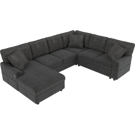 Sofá esquinero en U con chaise longue, 3 cojines, USB y Type-C, negro (1/5)