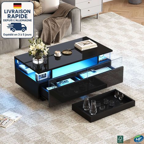 MODFU - Tavolino da caffè rettangolare a LED con contenitore, 2 cassetti e 1 vassoio, tavolino da divano, 90x45x35 cm, nero (1/5)