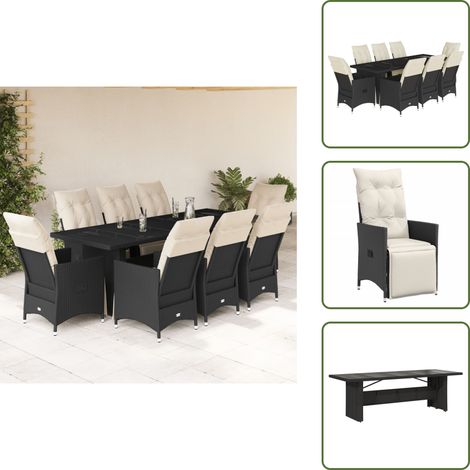 The Living Store 9-tlg. Garten-Bistro-Set mit Kissen Schwarz Poly Rattan - Gartenmöbel - Bistroset - Esstisch - Lounge Sessel - Outdoor Möbel (1/5)