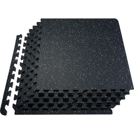 Salle de sport à la maison, confort et isolation phonique avec dalles emboîtables de gym 12 pièces noir à pois blancs (1/5)