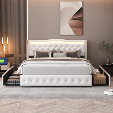Letti con cassetti 160x200,letto matrimoniale contenitore,letti per adulti,letto imbottito, con LED, presa funzionale, modello placcato oro, PU, Bianco (1/4)