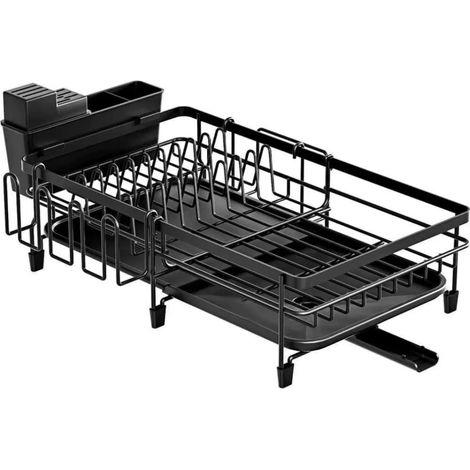 Grand égouttoir à vaisselle extensible pour plan de travail, organisateur de vaisselle en inox avec plateau égouttoir, porte-ustensiles, porte-tasses, support pour planche à découper, noir (1/5)