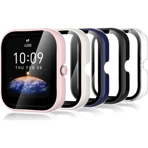 Lot de 5 Coques de Protection Compatibles avec Amazfit Bip 3/Bip 3 Pro, Coque Rigide en PC avec Protecteur D'écran, Coque Ultra Fine HD avec Verre Trempé - Transparent, Noir, Bleu, Rose, Blanc (1/5)