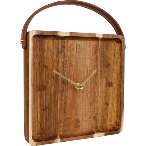 Holz Standuhr mit Griff in Leder Optik - 22 cm - Retro Tischuhr analog - Tisch Deko Uhr eckig zum Hinstellen Batterie betrieben für Küche Büro Wohnzimmer