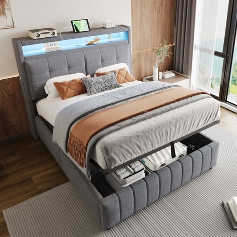 Letto contenitore matrimoniale 140x200 cm, con LED, USB e sollevamento idraulico, in tessuto grigio, senza materasso (1/5)