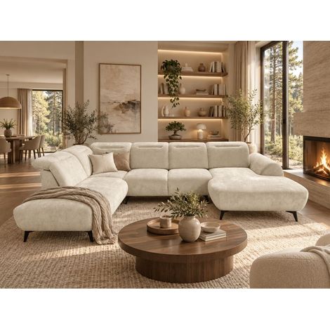 Wohnlandschaft Sofa U-Form ALETTE in Stoff Doha Creme Lange Schenkel Links (1/5)