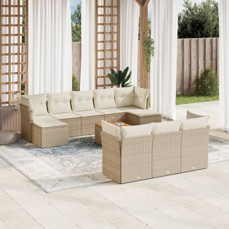 11-tlg. Garten-Sofagarnitur mit Kissen Beige Poly Rattan (1/3)