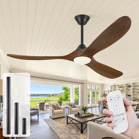 Ventilateur de plafond LED en bois massif 132 cm avec télécommande, moteur DC silencieux pour cuisine et terrasse couverte (1/5)