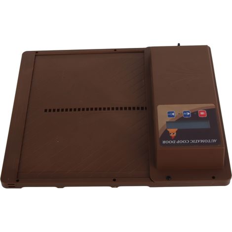 Abridor automático de puerta para gallinero con alimentación solar USB, temporizador programable, pantalla LED, 3 modos de potencia, apertura horizontal, color marrón. (1/5)