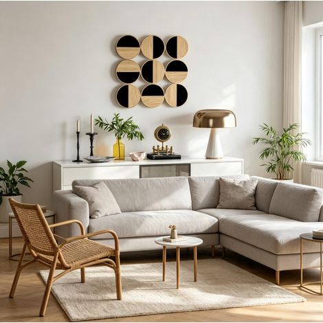 Décoration murale en métal 3D, composition à neuf cases avec miroir, MDF et touches bois clair et dorées, 60 x 3,8 x 60 cm, pour salon, chambre ou entrée - CHICFURN (1/5)