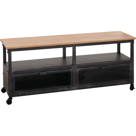 [NEUWERTIG] Lowboard HHG-079, TV-Rack, Rollen 2 Fächer, 3D-Struktur Industrial Retro Metall Holz 55x130x36cm schwarz, natur