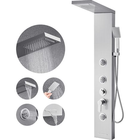 Douche colonne en acier inoxydable brossé, 135 cm, avec pommeau de pluie et cascade, robinet 5 fonctions, jets corporels, douchette à main et bec de baignoire. (1/5)