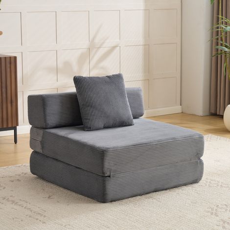 Canapé de sol convertible en velours côtelé avec coussin dossier, accoudoir, lit 1 place confortable, gris foncé (1/5)