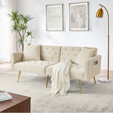 Canapé 2 places beige en velours avec dossier réglable 3 positions et 2 coussins (1/5)
