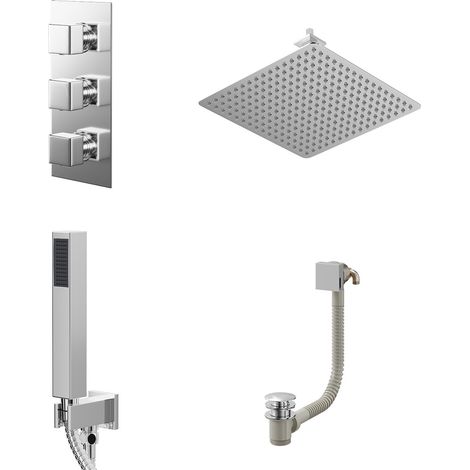 Cubix Polished Chrome Concealed Triple Thermostatic Shower Valve with Diverter and 400mm Square Head with 150mm Ceiling Arm and Outlet Holder with Kit and Free-Flow Bath Filler - 3 Outlet (1/5)