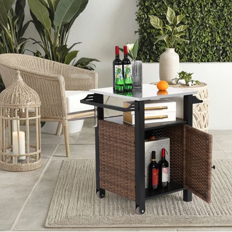 Meuble de jardin roulant avec rangement, 76 x 57 x 85 cm, plateau en acier inoxydable, marron HAVRYA (1/5)
