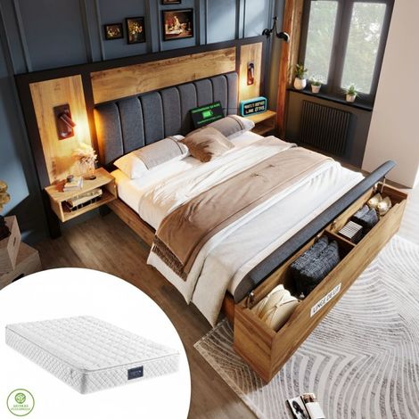 Lit rembourré 160x200 chêne avec matelas, USB-C, chevets, lampes et rangement (1/5)