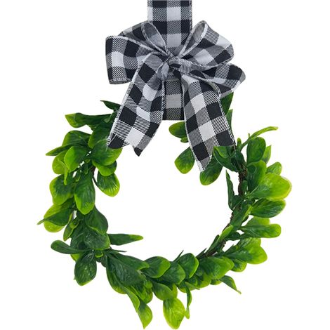 Mini Xmas Wreath Artificial Green Leaves Kitchen Cabinet Wreath for Windows Table TV Cabinet Decor with Black White Check Bow (1/2)
