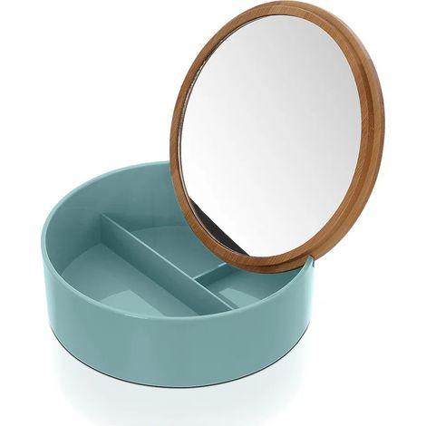 Porta trucchi da bagno tondo in plastica turchese e bambù completo di specchio (1/4)