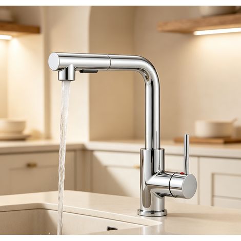 DUSCHPARADIES Küchenarmatur Ausziehbar Zinklegierung Messingkern KTW 360°Schwenkbar 2 Wasserstrahlarten L-Form Spültischarmatur Wasserhahn Küche Chrom