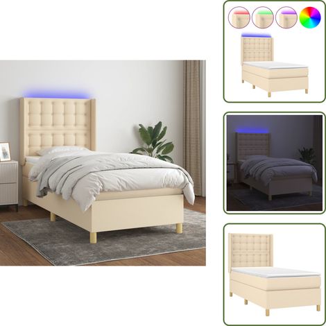 Cama con techo - vidaXL Cama box spring colchón y luces LED tela crema 90x200 cm - Cama con cabecero ajustable