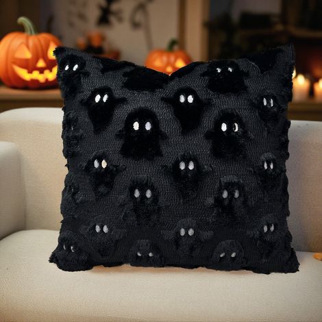 Housse de coussin fantôme noir pour Halloween, housse de coussin doux en peluche, coussin de canapé, pour canapés, chambres, (1/5)