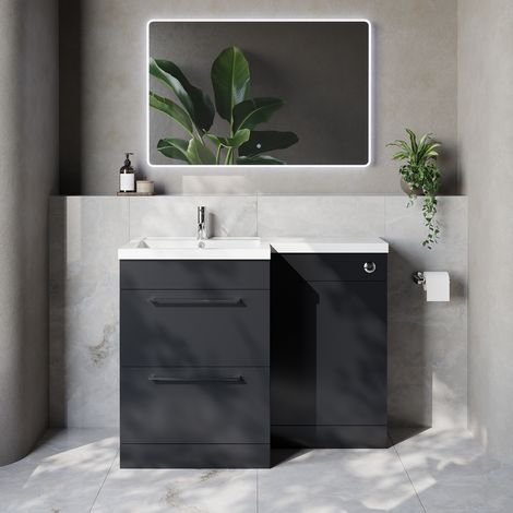 Napoli 460 Gloss Grey 1100mm 2 Drawer Vanity Unit Toilet Suite with Left Hand Square Lucia Basin - 1100mm - Chrome 320mm HandleWithout Kingston Toilet Pan