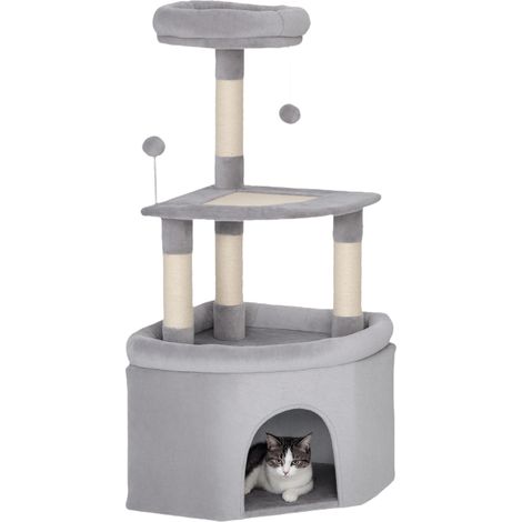 Arbre à chat tour de jeux pour chats griffoirs sisal, plaque-forme, niche, tissu peluche, boules, 49x49x114cm gris clair