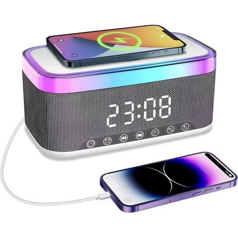 Radio réveil côté lit, réveil avec charge sans fil 15W, haut-parleur Bluetooth, chargeur sans fil Qi rapide, 13 effets d'éclairage LED, radio FM, port de charge USB, pour la chambre à coucher, bureau (1/2)