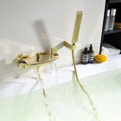 Goldfarbener Wand-Wasserhahn mit Wasserfall-Badewannenarmatur, Wandmontage, Badezimmerarmatur mit Handbrause, MUMU Badewannenmischbatterie