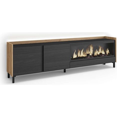 Mueble TV Marbella-01 de 212x61x35 cm con chimenea eléctrica y luces LED, diseño industrial, color negro y roble (1/4)