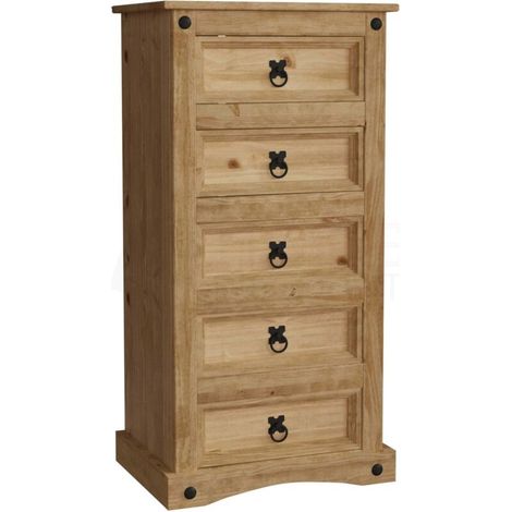Commode étroite 5 tiroirs en pin massif – H 93,8 x L 48 x P 35 cm – Finition cirée vieillie – Meuble de rangement pour chambre