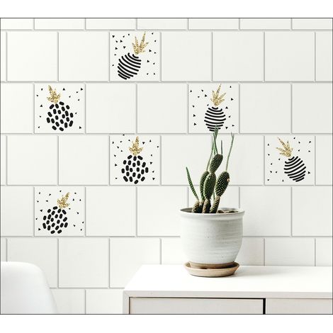 Sticker Carrelage Adhésif 15x15cm x6 - Autocollant Décoratif Carreaux Graphique Annanas Stylisés avec Queue Dorée. (1/4)